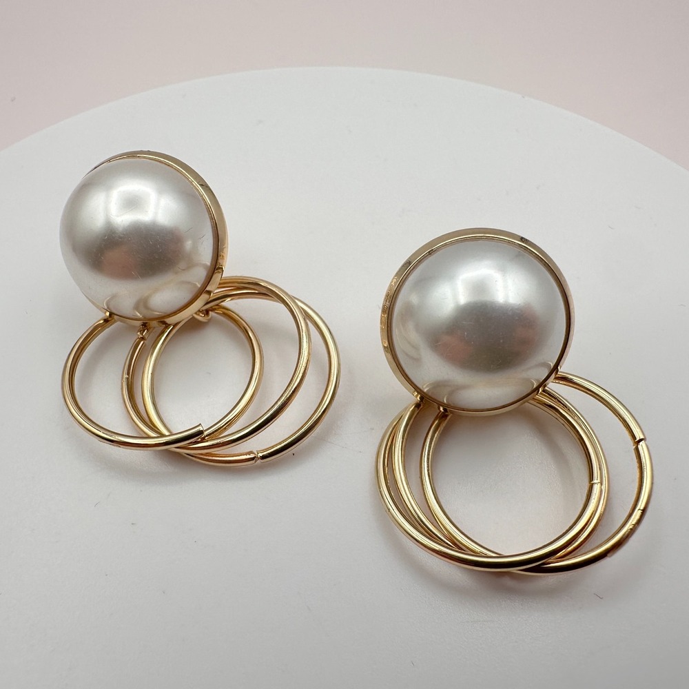 Vintage Y2K Gold Tone Cream Faux Pearl Multi Hoop Dangle Earrings Retro Jewelry